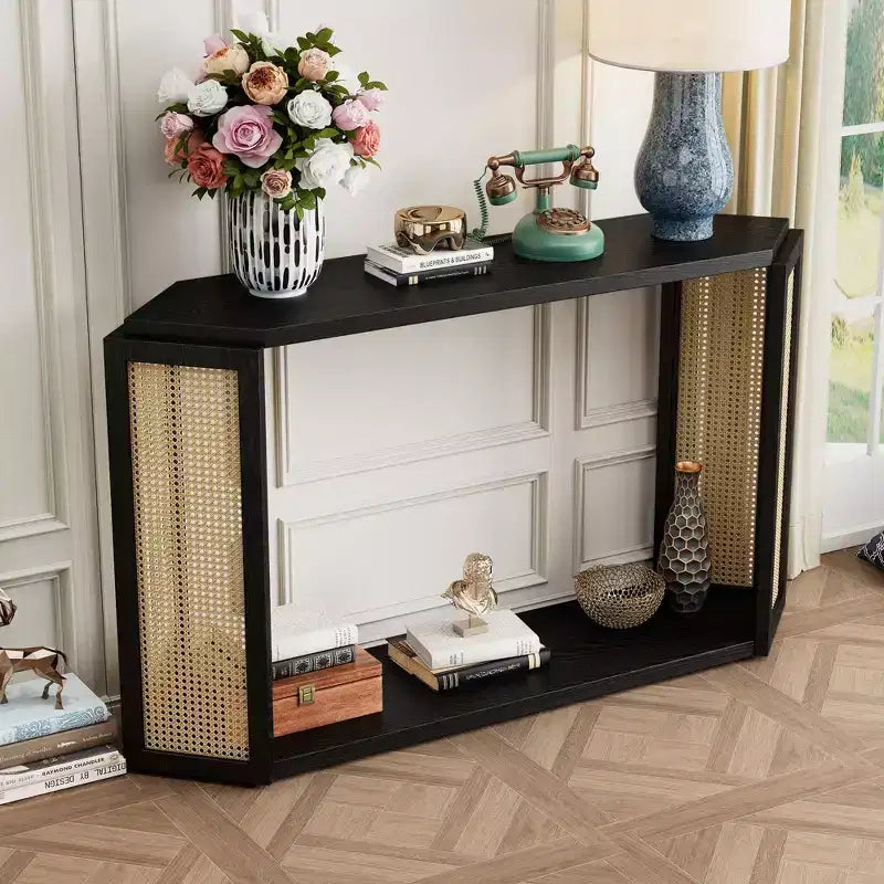 Okak 53.54IN Tavolo da ingresso in stile rustico con piano esagonale, Console con gambe decorate in rattan, Tavolino d'appoggio per soggiorno, ingresso, nero