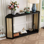 Okak 53.54IN Tavolo da ingresso in stile rustico con piano esagonale, Console con gambe decorate in rattan, Tavolino d'appoggio per soggiorno, ingresso, nero