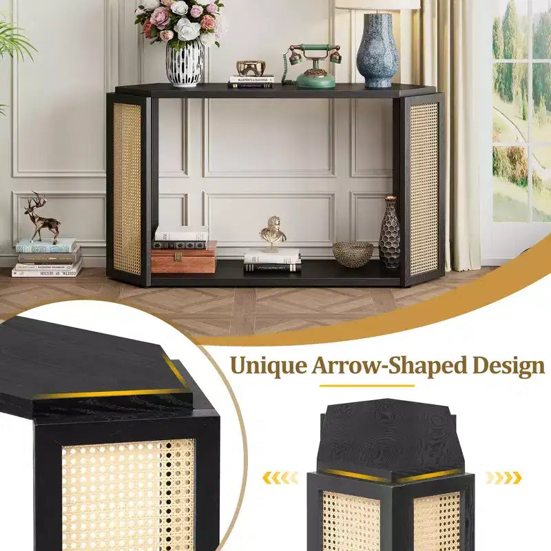 Okak 53.54IN Tavolo da ingresso in stile rustico con piano esagonale, Console con gambe decorate in rattan, Tavolino d'appoggio per soggiorno, ingresso, nero