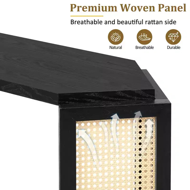 Okak 53.54IN Tavolo da ingresso in stile rustico con piano esagonale, Console con gambe decorate in rattan, Tavolino d'appoggio per soggiorno, ingresso, nero