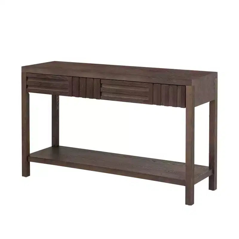 Tavolo Console Moderno Okak 51.3IN con Impiallacciatura in Frassino e Design a Strisce, Tavolo da Ingresso con 2 Cassetti, Tavolo da Corridoio per Soggiorno, Atrio, Marrone