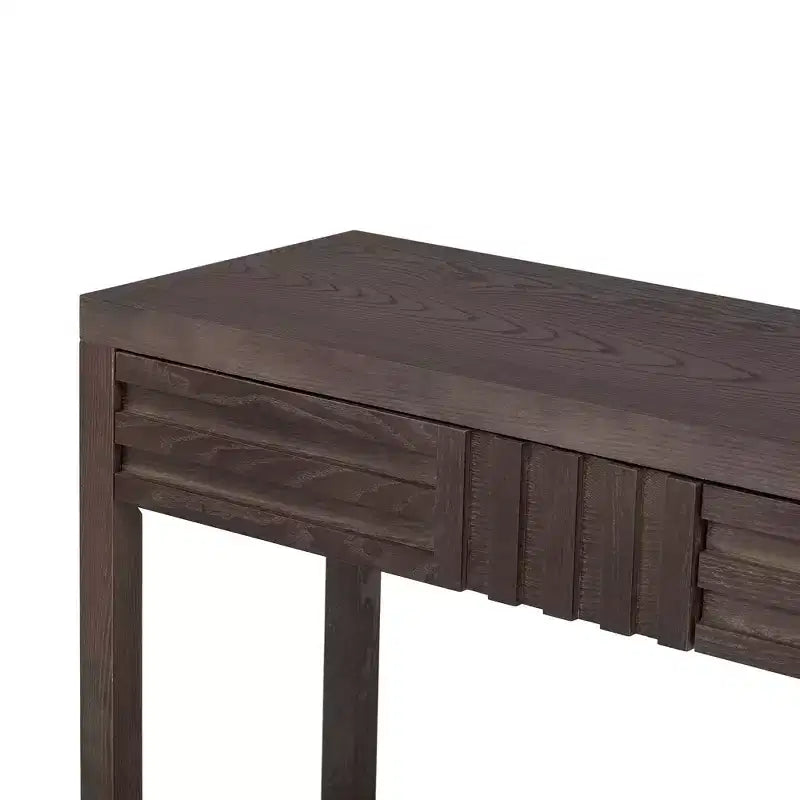 Tavolo Console Moderno Okak 51.3IN con Impiallacciatura in Frassino e Design a Strisce, Tavolo da Ingresso con 2 Cassetti, Tavolo da Corridoio per Soggiorno, Atrio, Marrone