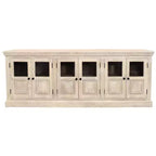 HomeRoots 93 Antiqued White Distressed Solid Wood Sideboard with Six Glass Doors