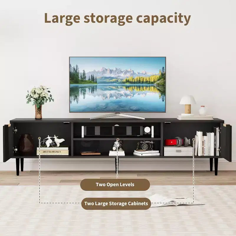 Mobile TV moderno COZONY con pannello scanalato e vani portaoggetti, Consolle per centro di intrattenimento per soggiorno
