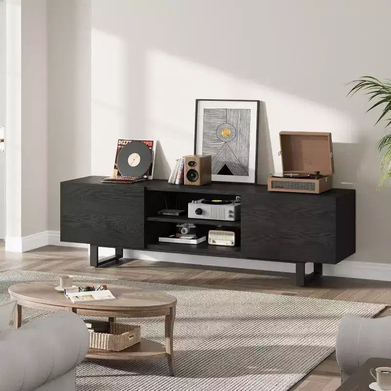Mobile TV industriale COZONY con 2 cassetti, mobile porta TV in legno naturale con gambe robuste per soggiorno