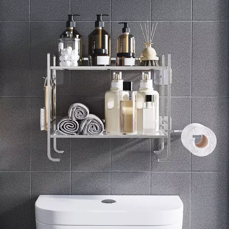 Mensola portaoggetti da bagno sopra il WC, organizer da bagno a 2 ripiani con portarotolo e 2 ganci, mensola organizer da parete dietro il WC