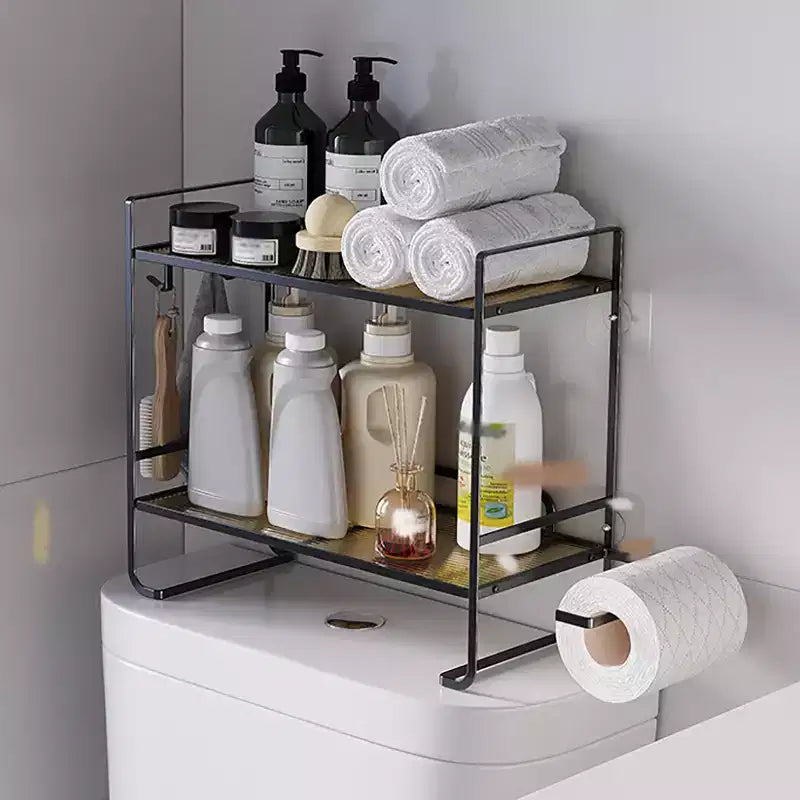 Over The Toilet Storage Shelf, 2 Tier Bathroom Organizers and Storage With Paper Holder & 2 Hooks, Wall Mounted Back of Toilet Shelf Organizer