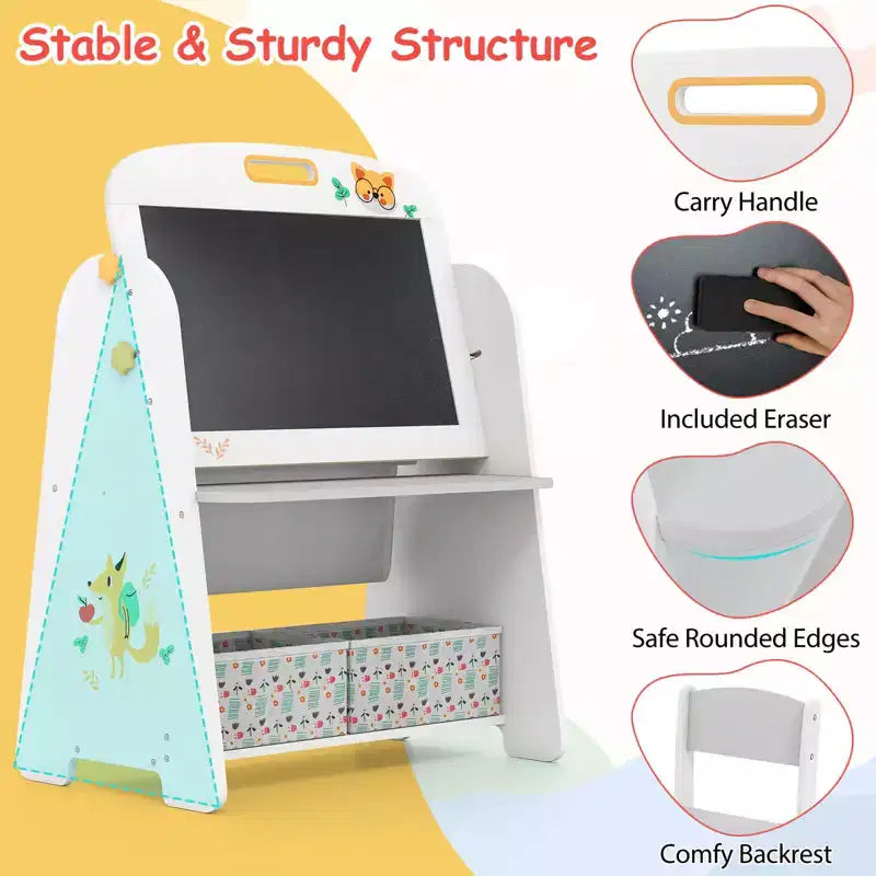 Costway Set Tavolo e Sedia per Bambini 4 in 1 con Lavagna Magnetica e Lavagna Portatile con Ripiano Naturale/Grigio