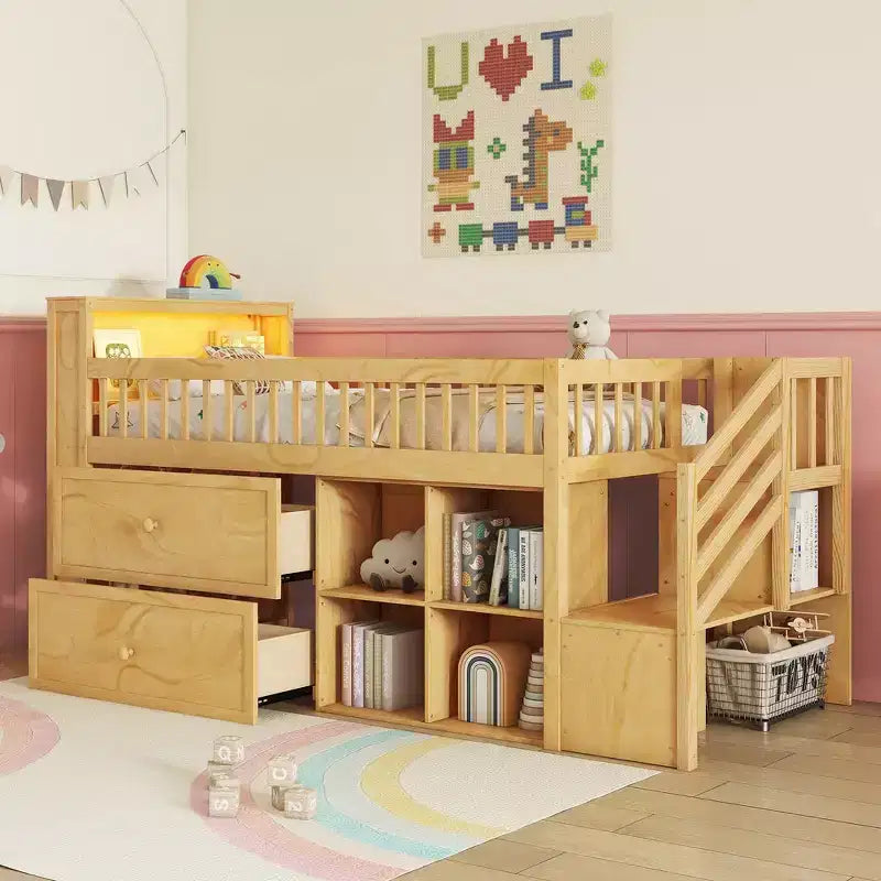 Letto a soppalco Whisen singolo con LED, libreria, scale, cassetti e ripiani, robusta struttura in legno massello