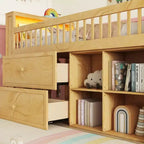 Letto a soppalco Whisen singolo con LED, libreria, scale, cassetti e ripiani, robusta struttura in legno massello