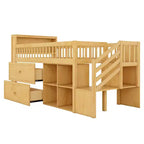 Letto a soppalco Whisen singolo con LED, libreria, scale, cassetti e ripiani, robusta struttura in legno massello