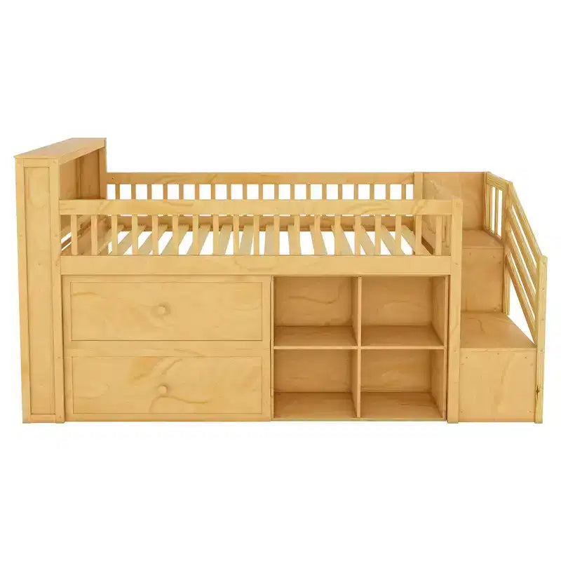 Letto a soppalco Whisen singolo con LED, libreria, scale, cassetti e ripiani, robusta struttura in legno massello
