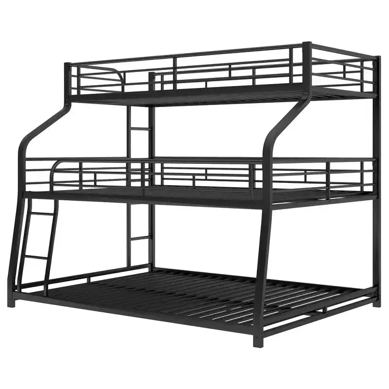 Letti a castello tripli in metallo Twin XL e Full XL sopra Queen per 3 bambini con scaletta integrata e sponde di sicurezza a tutta lunghezza