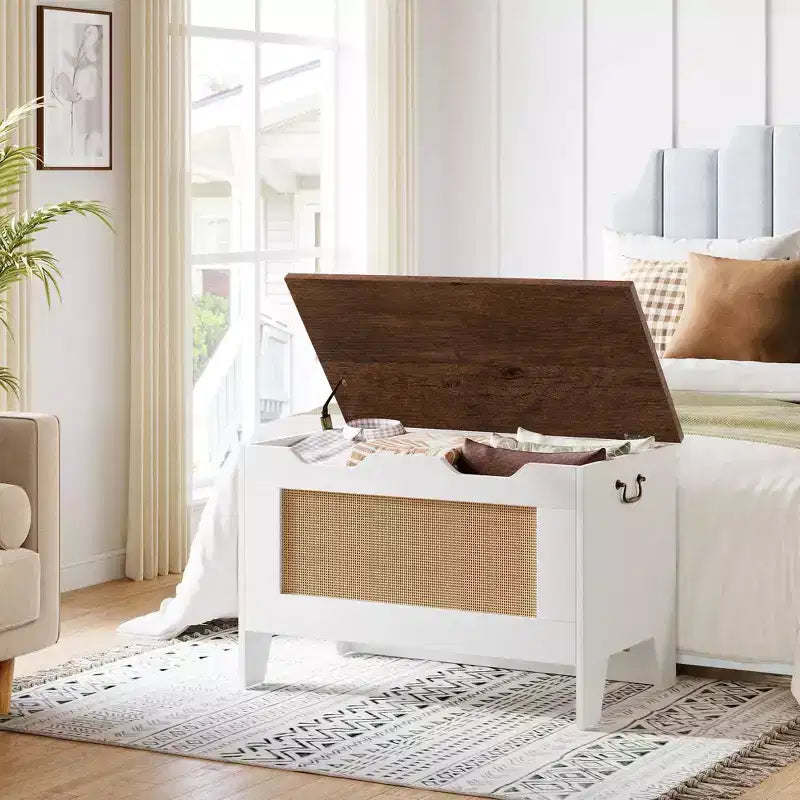 Storage Chest,Rattan Toy Chest,30 Wooden Storage Bench with Safety Hinge,Blanket Chest