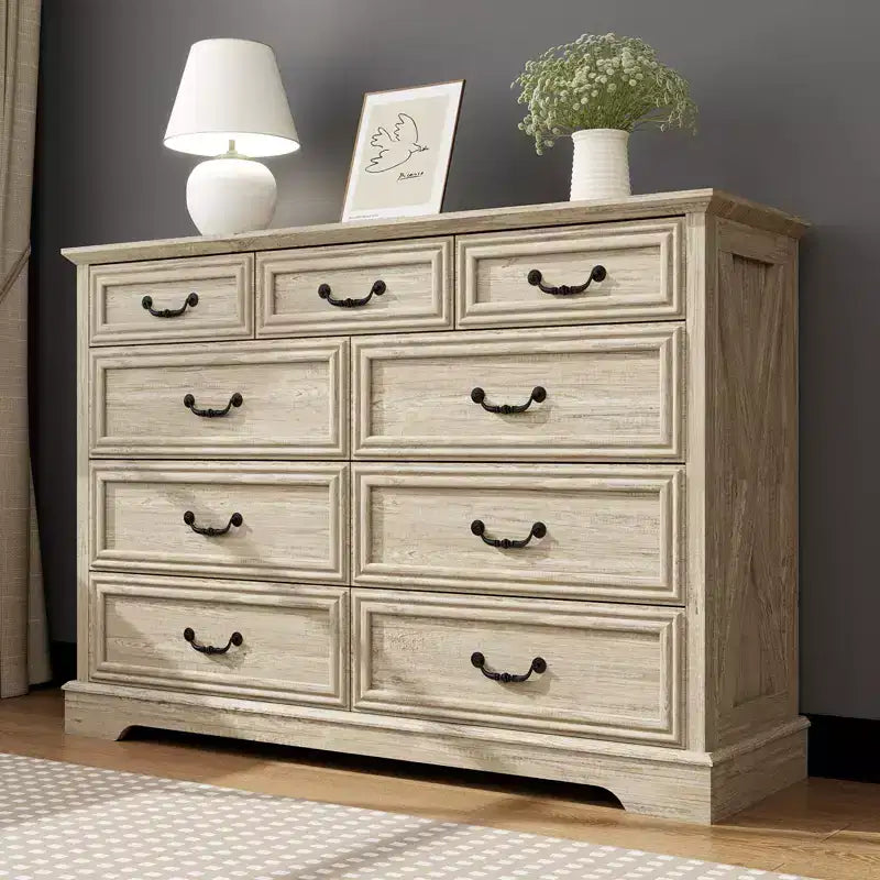9 Drawer Farmhouse Dresser, Rustic Chest of Drawers with Ample Storage, Solid Wood Look & Metal Handles, Bedroom Clothes Organizer