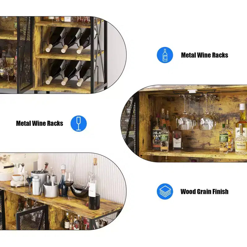 TruAIR Mobile bar da cucina in stile rustico con luci a LED, credenza industriale per caffè con portabottiglie e portabicchieri