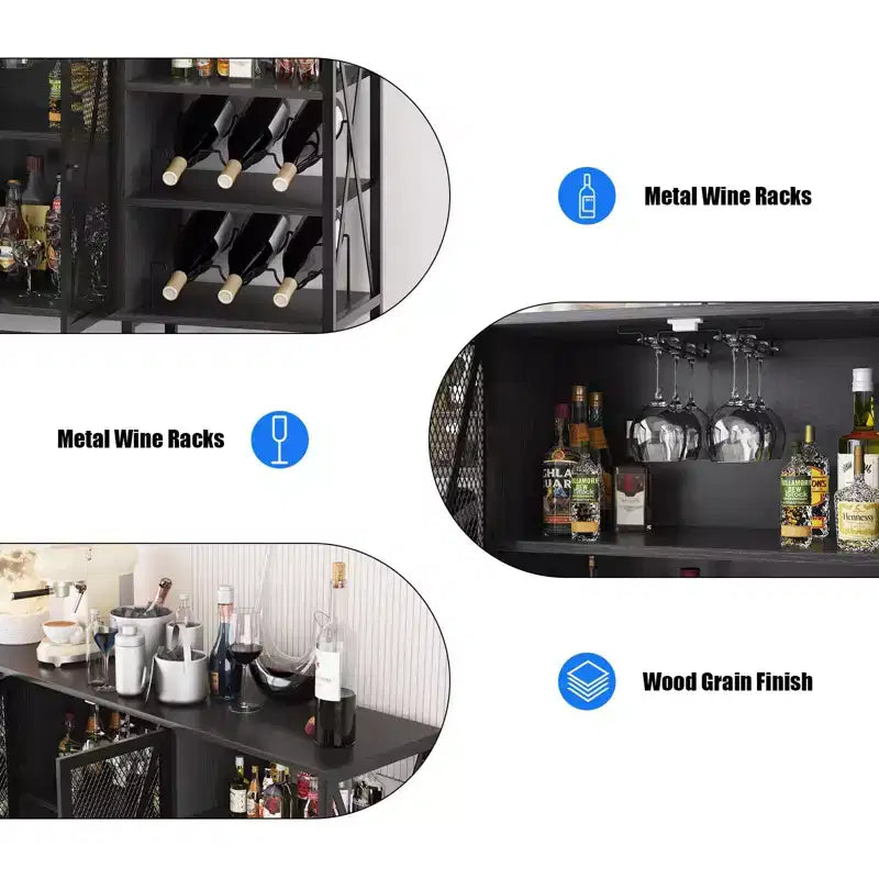 TruAIR Mobile bar da cucina in stile rustico con luci a LED, credenza industriale per caffè con portabottiglie e portabicchieri
