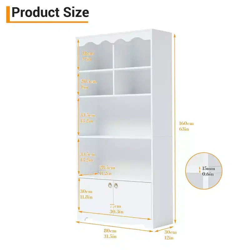 Libreria a 5 Ripiani con Ante, Scaffale Moderno Bianco da 160 cm con Armadietti, Espositore in Legno per Camera da Letto, Soggiorno, Ufficio