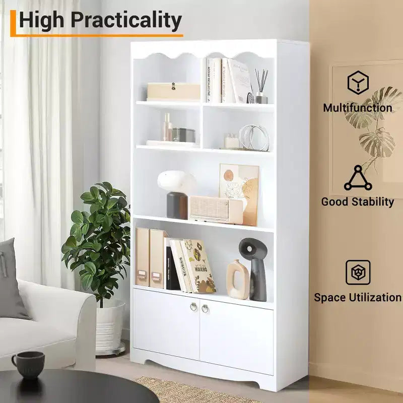 Libreria a 5 Ripiani con Ante, Scaffale Moderno Bianco da 160 cm con Armadietti, Espositore in Legno per Camera da Letto, Soggiorno, Ufficio