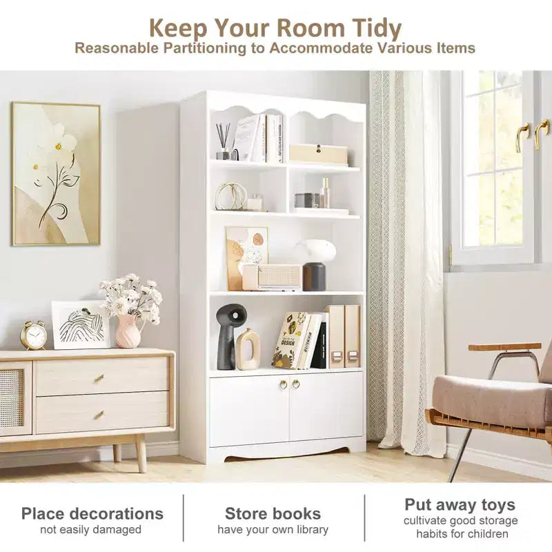 Libreria a 5 Ripiani con Ante, Scaffale Moderno Bianco da 160 cm con Armadietti, Espositore in Legno per Camera da Letto, Soggiorno, Ufficio