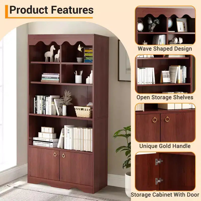 Libreria a 5 Ripiani con Ante, Scaffale Moderno Bianco da 160 cm con Armadietti, Espositore in Legno per Camera da Letto, Soggiorno, Ufficio