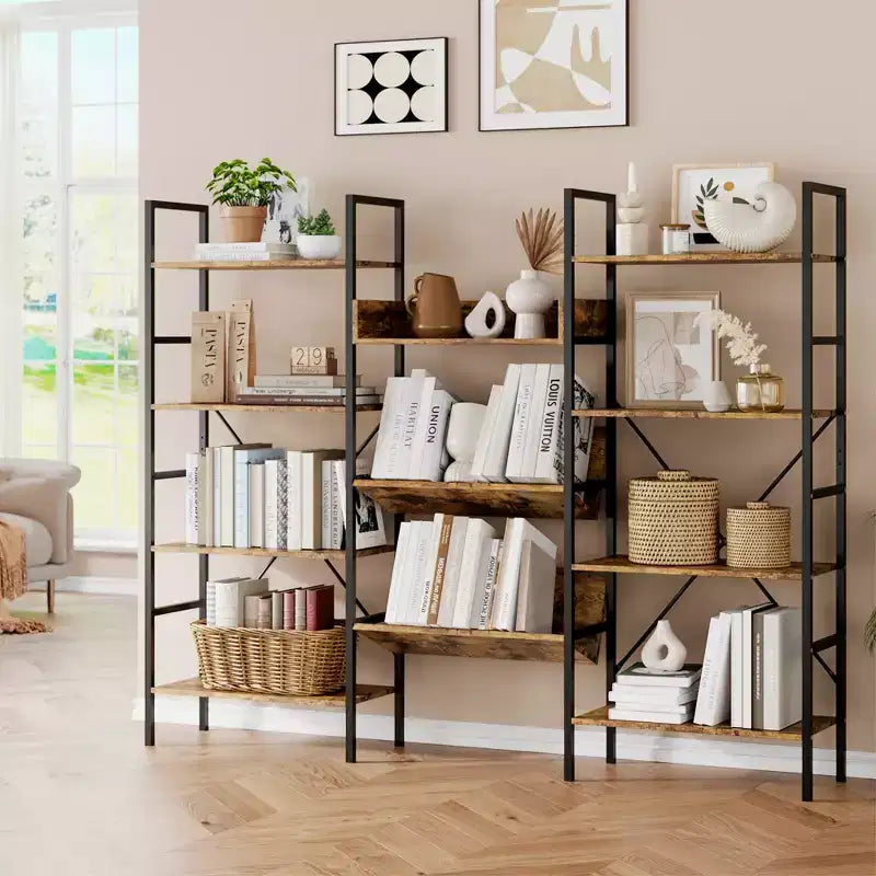 Libreria Industriale, Libreria Industriale a Tre Campate con 4 Ripiani e 11 Ripiani Espositivi Aperti, Ripiani Aperti per Giradischi con Struttura in Metallo per Soggiorno