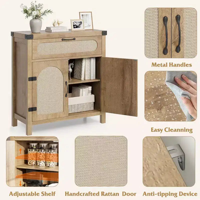 Mobiletto in Rattan con Ante e Cassetto, Credenza Boho, Buffet, Tavolino Consolle, Mobile Bar per Ingresso, Soggiorno,