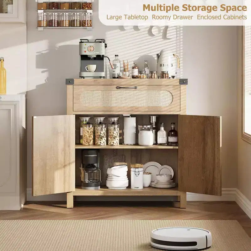 Mobiletto in Rattan con Ante e Cassetto, Credenza Boho, Buffet, Tavolino Consolle, Mobile Bar per Ingresso, Soggiorno,