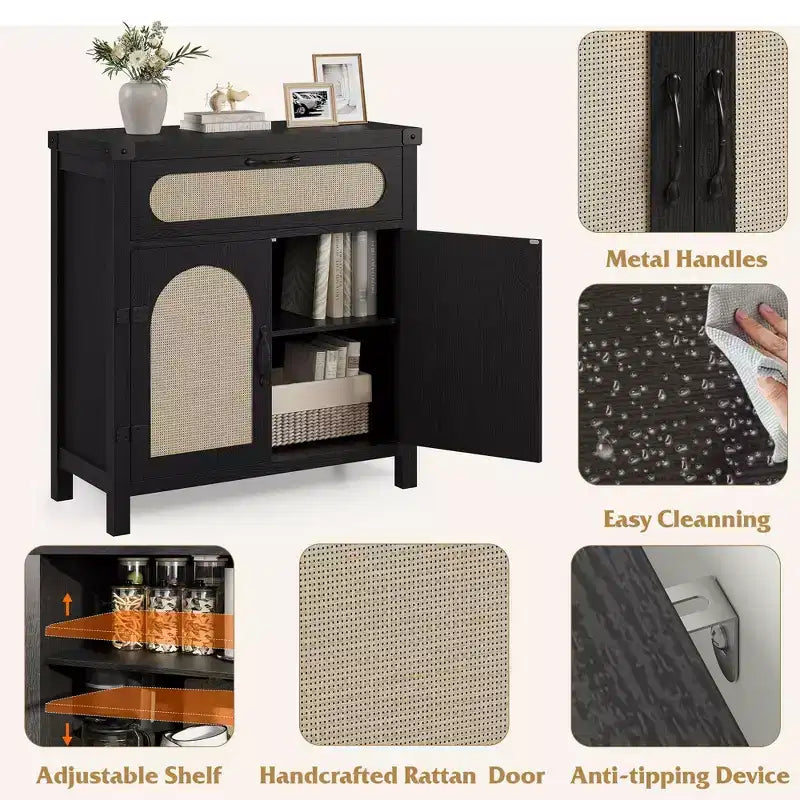 Mobiletto in Rattan con Ante e Cassetto, Credenza Boho, Buffet, Tavolino Consolle, Mobile Bar per Ingresso, Soggiorno,