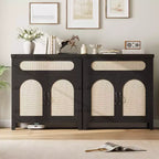 Mobiletto in Rattan con Ante e Cassetto, Credenza Boho, Buffet, Tavolino Consolle, Mobile Bar per Ingresso, Soggiorno,
