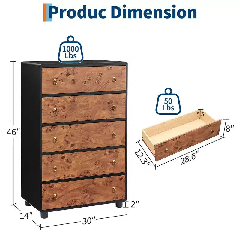 Comò a 5 cassetti per camera da letto, cassettiera alta in legno da 117 cm con maniglie in metallo, porta TV resistente per soggiorno, organizzatore di archiviazione per armadio