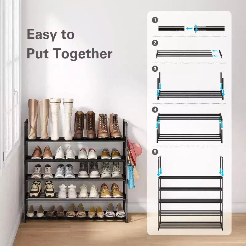 Scarpiera Anycoo a 5 Ripiani Extra Larga con Ganci, Organizer per Scarpe in Metallo Contiene 20-25 Paia, Scaffale Portaoggetti Impilabile per Ingresso, Armadio, Bagno, Nero