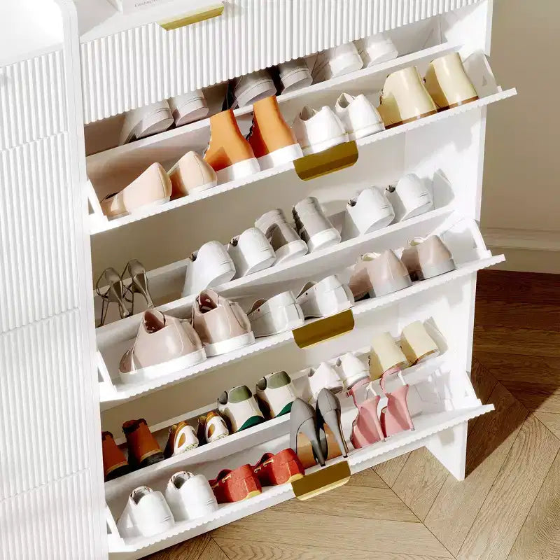 Brafab Scarpiera con 3 Cassetti a Ribalta e 2 Cassetti Piccoli, Organizzatore di Scarpe Sottile per Ingresso con Ante a Pannelli Scanalati per Scarpe da Ginnastica