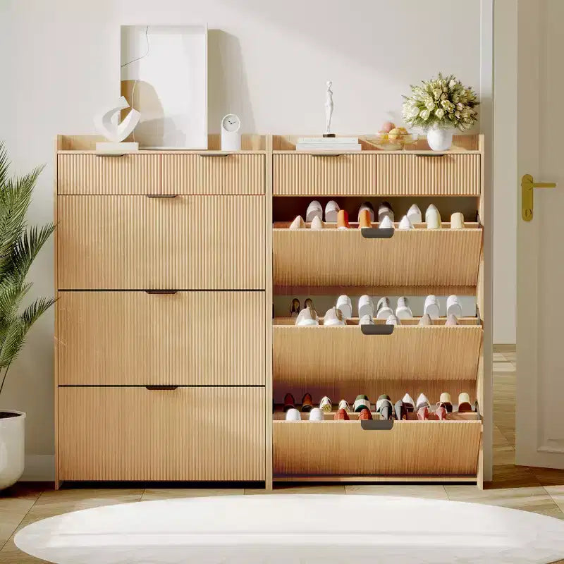 Brafab Scarpiera con 3 Cassetti a Ribalta e 2 Cassetti Piccoli, Organizzatore di Scarpe Sottile per Ingresso con Ante a Pannelli Scanalati per Scarpe da Ginnastica