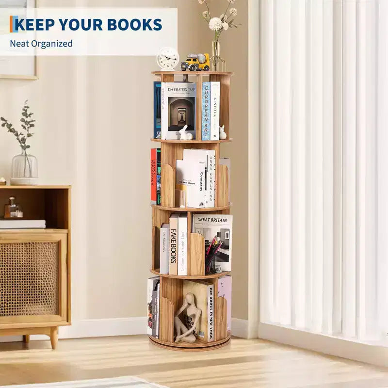 Libreria Rotante in Legno, Scaffale a 4 Livelli con Display a 360 Gradi, Organizzatore Multifunzionale per Soggiorno e Camera da Letto