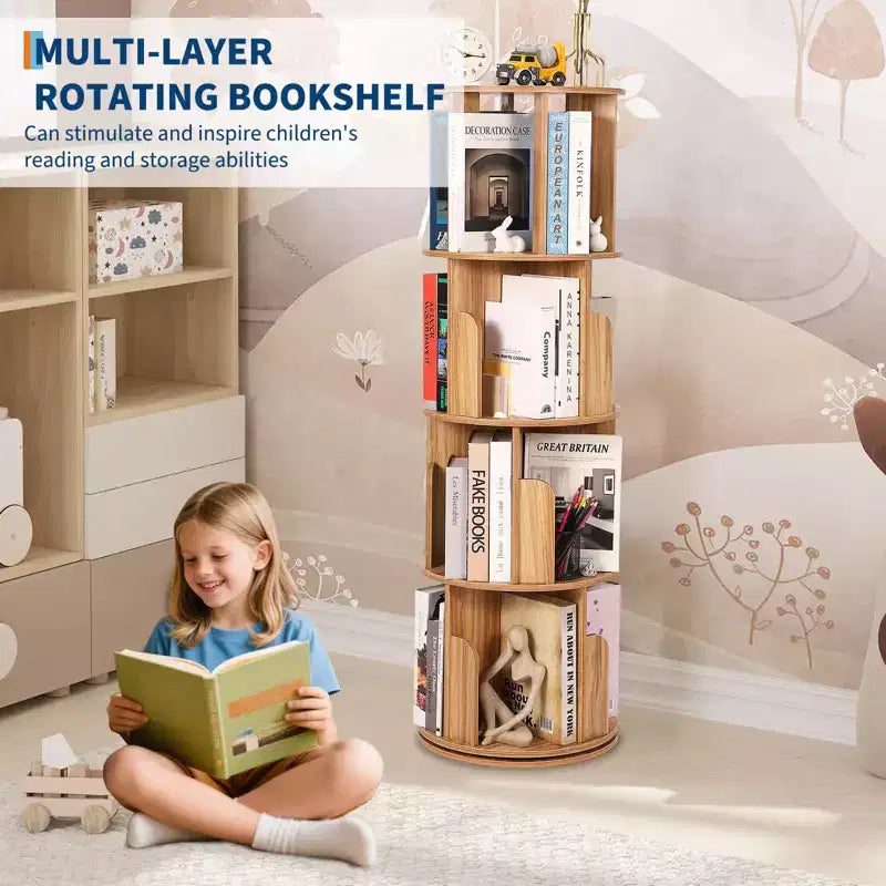 Libreria Rotante in Legno, Scaffale a 4 Livelli con Display a 360 Gradi, Organizzatore Multifunzionale per Soggiorno e Camera da Letto
