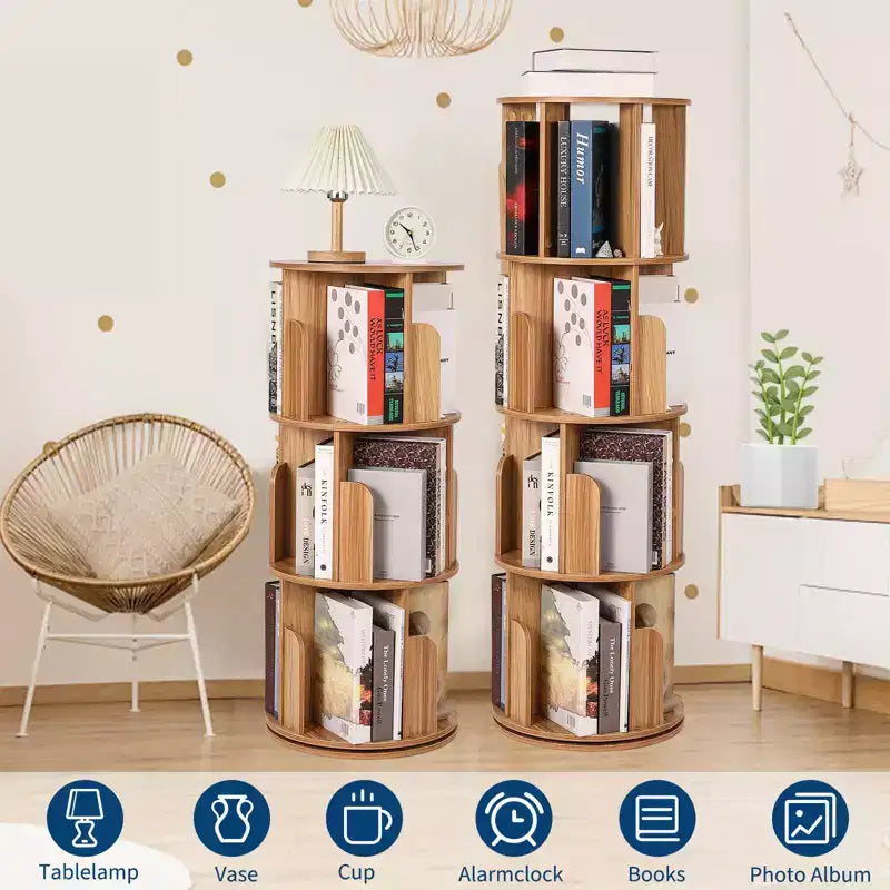 Libreria Rotante in Legno, Scaffale a 4 Livelli con Display a 360 Gradi, Organizzatore Multifunzionale per Soggiorno e Camera da Letto