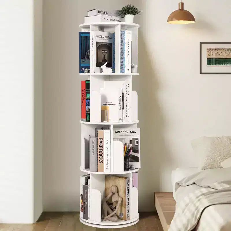 Libreria Rotante in Legno, Scaffale a 4 Livelli con Display a 360 Gradi, Organizzatore Multifunzionale per Soggiorno e Camera da Letto