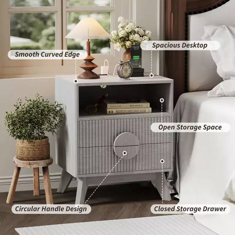 Comodino scanalato con 2 cassetti e ripiano aperto, comodino moderno in legno per camera da letto, tavolino con contenitore per soggiorno