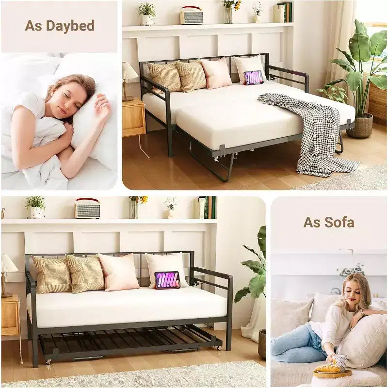 Divano letto Zevemomo con letto estraibile a scomparsa, telaio in metallo con luci a LED, letto estraibile singolo, divano letto nero per soggiorno, camera da letto