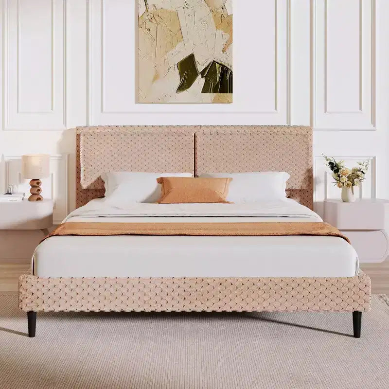 Telaio letto imbottito Queen/King Size con morbida testiera, struttura letto a piattaforma in legno per camera da letto - ModernLuxe