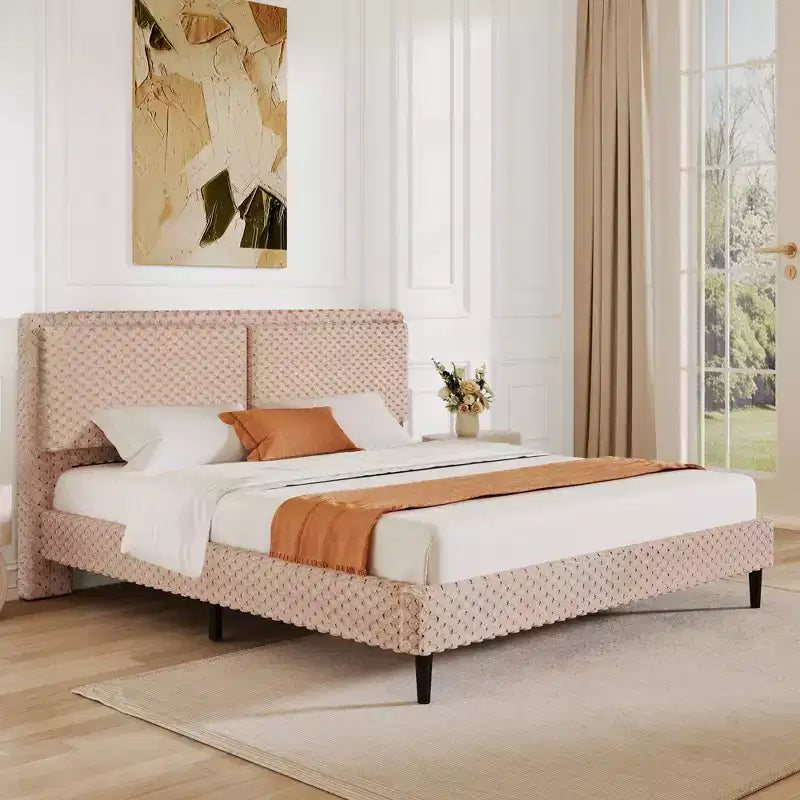 Queen/King Size Upholstered Bed Frame with Soft Backrest, Wood Platform Bed Frame for Bedroom - ModernLuxe