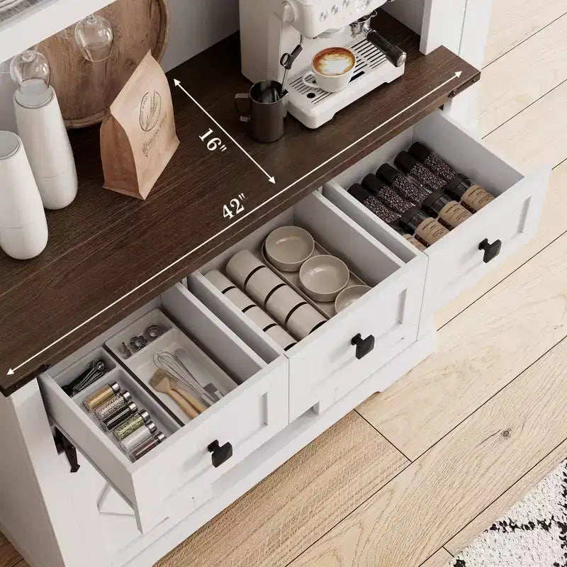 TruAIR 72 Mobile Bar con Porta Scorrevole a Fienile, Credenza Alta da Cucina con Mobiletto Superiore e 3 Cassetti, Madia Rustica da Caffè e Vino