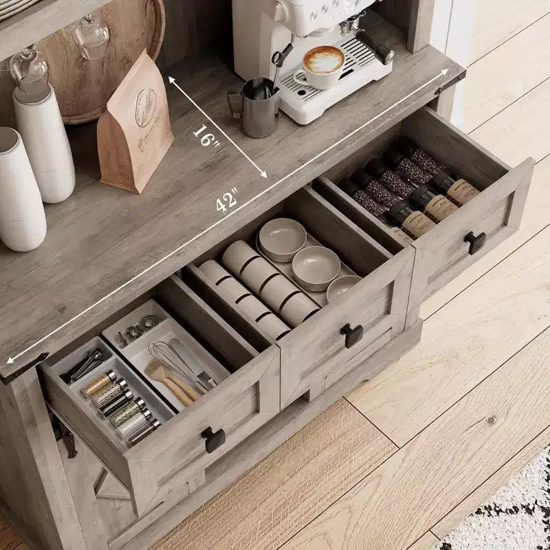 TruAIR 72 Mobile Bar con Porta Scorrevole a Fienile, Credenza Alta da Cucina con Mobiletto Superiore e 3 Cassetti, Madia Rustica da Caffè e Vino