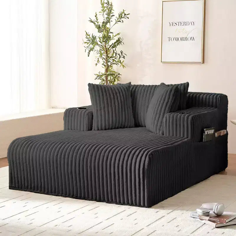 Mjkone Poltrona Letto Singola in Velluto a Coste 1 Posto, Chaise Longue con Cuscini, Braccioli Ampi, Portabicchieri, Contenitore