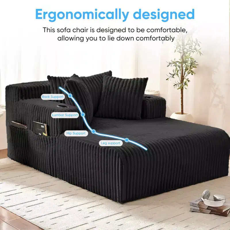 Mjkone Poltrona Letto Singola in Velluto a Coste 1 Posto, Chaise Longue con Cuscini, Braccioli Ampi, Portabicchieri, Contenitore