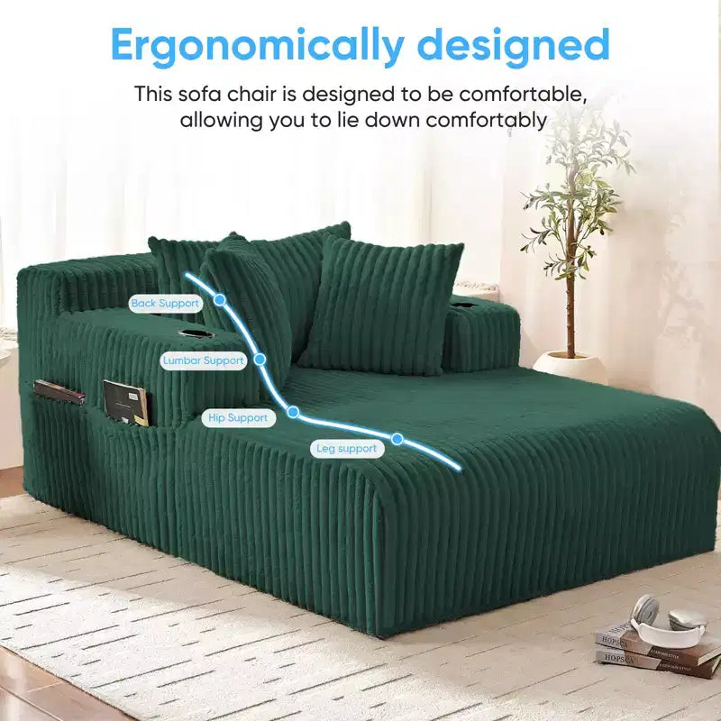 Mjkone Poltrona Letto Singola in Velluto a Coste 1 Posto, Chaise Longue con Cuscini, Braccioli Ampi, Portabicchieri, Contenitore