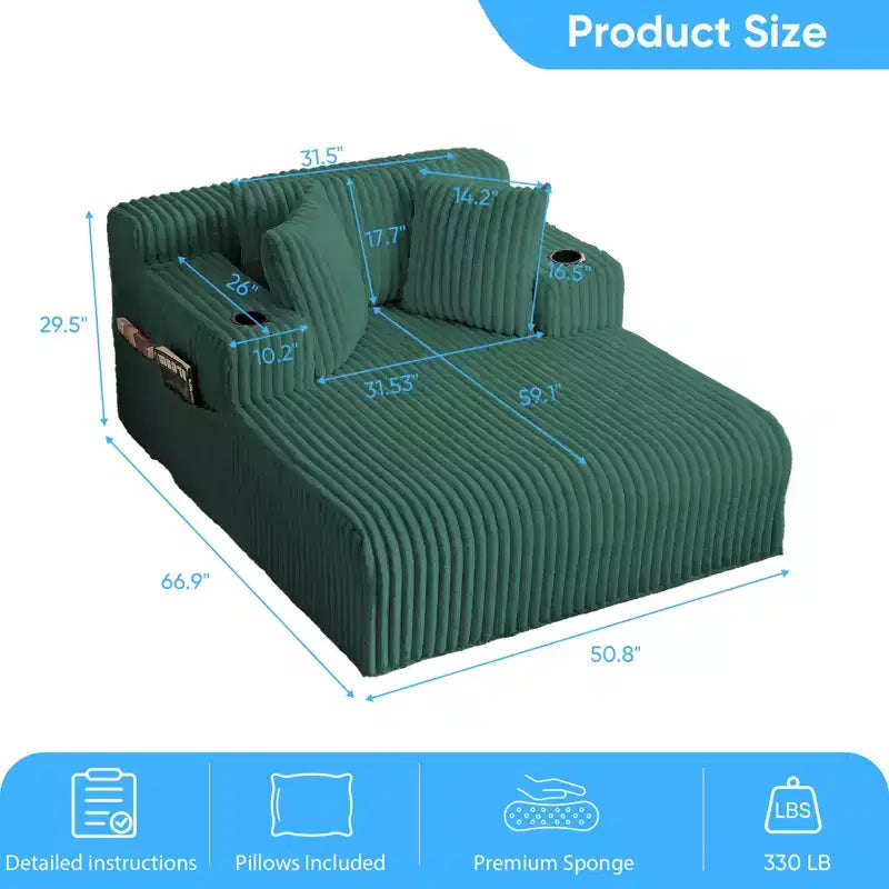 Mjkone Poltrona Letto Singola in Velluto a Coste 1 Posto, Chaise Longue con Cuscini, Braccioli Ampi, Portabicchieri, Contenitore