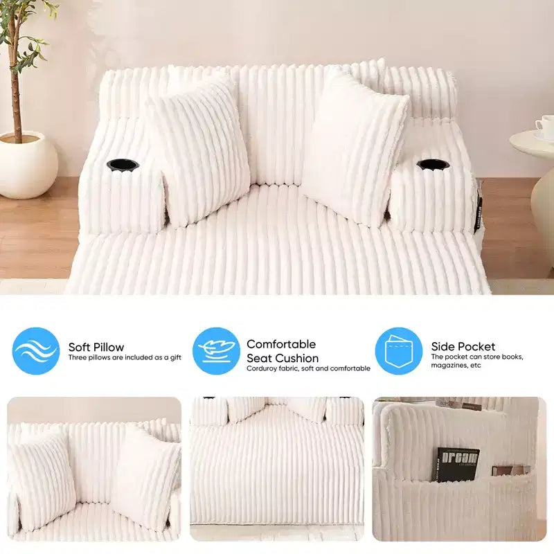 Mjkone Poltrona Letto Singola in Velluto a Coste 1 Posto, Chaise Longue con Cuscini, Braccioli Ampi, Portabicchieri, Contenitore