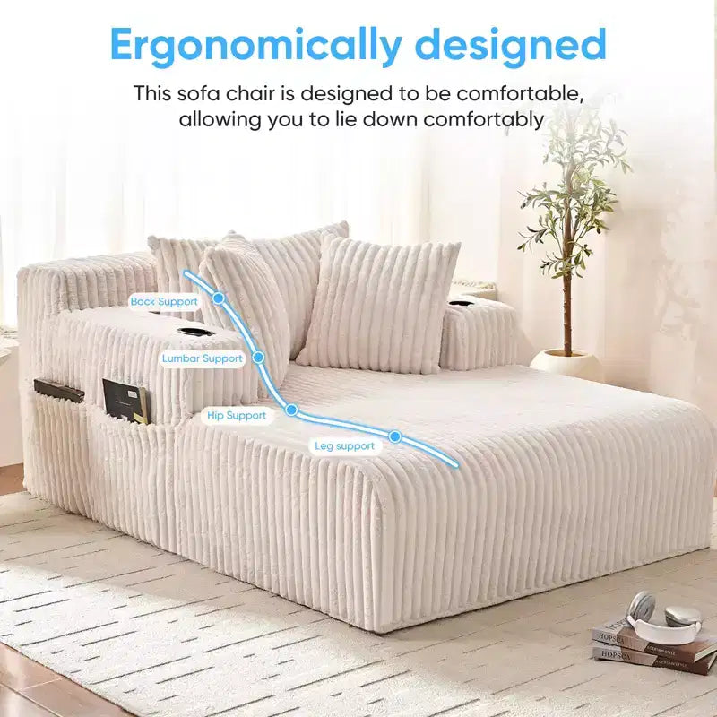 Mjkone Poltrona Letto Singola in Velluto a Coste 1 Posto, Chaise Longue con Cuscini, Braccioli Ampi, Portabicchieri, Contenitore